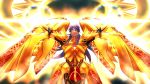  1other armor arms_up bangs breastplate closed_mouth dark_blue_hair dark_skin earrings eyebrows_visible_through_hair fate/grand_order fate_(series) fighting_stance floating glowing glowing_armor golden_wings hair_between_eyes jewelry laser_beam long_hair long_sleeves looking_at_viewer looking_down magic_circle q307011598 red_eyes romulus_(fate/grand_order) romulus_quirinus_(fate/grand_order) shiny solo upper_body wings 