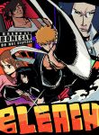  2girls 3boys absurdres artist_name black_eyes black_hair black_kimono bleach blue_hair bonesaw_(rdkshinku) brown_eyes brown_hair collarbone copyright_name glasses hair_ornament hair_over_one_eye hairpin highres holding holding_sword holding_weapon inoue_orihime ishida_uryuu japanese_clothes kimono kuchiki_rukia kurosaki_ichigo long_hair looking_at_viewer multiple_boys multiple_girls orange_hair parted_lips pink_shirt pointing_melee_weapon pointing_sword sado_yasutora shihakusho shirt sleeveless sleeveless_shirt sword v-shaped_eyebrows weapon zangetsu_(shikai) 