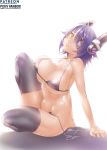  1girl bikini black_bikini black_legwear breasts eyepatch kantai_collection kore_(korewa13th) large_breasts lips nipples one-eyed parted_lips purple_hair sitting swimsuit tenryuu_(kantai_collection) thighhighs thighs untied untied_bikini yellow_eyes 