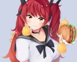  1girl azur_lane bangs bird black_choker black_ribbon blue_background blush breasts choker collarbone commentary_request eyebrows_visible_through_hair food hair_ribbon hamburger holding holding_food honolulu_(azur_lane) irohasu large_breasts long_hair looking_at_viewer red_eyes red_hair ribbon shirt short_sleeves simple_background twintails upper_body white_shirt 