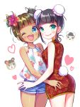  2girls ;d aqua_eyes ass bangs bare_arms bare_shoulders bear bear_tail black_hair blue_eyes blue_shorts blush breasts brown_hair bun_cover china_dress chinese_clothes chromatic_aberration closed_mouth cowboy_shot double_bun doubutsu_no_mori dress dual_persona eyebrows_visible_through_hair facing_another floral_print flower hair_flower hair_ornament heart hibiscus hibiscus_print highres jasmine_(doubutsu_no_mori) kurape_(pat1na) legs_together lips looking_at_viewer may_(doubutsu_no_mori) medium_breasts multiple_girls one_eye_closed open_mouth personification pink_flower pink_lips red_dress shirt short_dress short_hair shorts simple_background sleeveless sleeveless_dress smile tail tan tanline teeth white_background white_shirt 