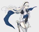  1girl armor ballpoint_pen_(medium) black_gloves black_hairband blue_cape brown_eyes cape closed_mouth corrin_(fire_emblem) corrin_(fire_emblem)_(female) eyebrows_visible_through_hair faulds fire_emblem fire_emblem_fates floating_hair gloves grey_background grey_legwear hair_between_eyes hairband highres holding holding_sword holding_weapon long_hair looking_at_viewer roroichi silver_hair simple_background solo standing sword thighhighs traditional_media very_long_hair weapon 