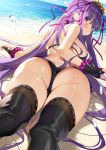  1girl :o ass bangs bare_shoulders bb_(fate)_(all) bb_(swimsuit_mooncancer)_(fate) beach bikini black_gloves black_legwear blush breasts day dutch_angle eyebrows_visible_through_hair fate/grand_order fate_(series) fingerless_gloves from_behind gloves hair_ribbon highres horizon large_breasts long_hair looking_at_viewer looking_back matsui_hiroaki micro_shorts ocean outdoors parted_lips purple_bikini purple_eyes purple_hair ribbon shorts sideboob sidelocks solo star_(symbol) swimsuit thighhighs very_long_hair water_drop wet 