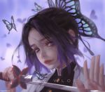  1girl artist_name bug butterfly closed_eyes clothing_request commentary_request copyright_request ears_visible_through_hair hair_ornament highres holding holding_sword holding_weapon insect kochou_shinobu looking_at_viewer purple_eyes short_hair simple_background solo sword weapon wlop 