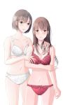  2girls :0 :d bangs bare_arms black_hair blue_eyes blush bow bow_bra bow_panties bra breasts brown_hair cleavage collarbone eyebrows_visible_through_hair floral_print hand_on_another&#039;s_shoulder height_difference highres kataguchi_iwashi long_hair looking_at_viewer multiple_girls navel open_mouth original panties red_bra red_panties short_hair simple_background small_breasts smile underwear underwear_only white_background white_bow white_bra white_panties 