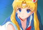  1girl bishoujo_senshi_sailor_moon blonde_hair blue_eyes blue_sailor_collar bow bowtie breasts choker circlet cleavage collared_shirt crescent crescent_earrings earrings hair_intakes heart heart_choker highres hinata11230 jewelry long_hair looking_at_viewer medium_breasts red_bow red_neckwear sailor_collar sailor_moon sailor_moon_redraw_challenge sailor_senshi_uniform sailor_shirt shiny shiny_hair shirt sleeveless sleeveless_shirt solo sweatdrop twintails upper_body very_long_hair white_shirt 