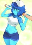  1girl baseball_cap blue_eyes blue_hair blue_skin crop_top cropped_legs eyebrows_visible_through_hair eyelashes hat highres jcm2 lapis_lazuli_(steven_universe) looking_at_viewer navel short_hair short_shorts shorts smile solo steven_universe stomach toned 