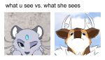  9tales_comic brown_body brown_fur cervid dean_(9tales) duo english_text eye_contact felicity_(9tales) felid feline female feral fur grey_body grey_fur hioshiru kejifox looking_at_another male male/female mammal meme text 