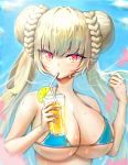 1girl azur_lane blue_sky blush braid braided_bun breasts cleavage cloud commentary_request cup day double_bun drinking drinking_glass drinking_straw_in_mouth eyebrows_visible_through_hair food formidable_(azur_lane) formidable_(the_lady_of_the_beach)_(azur_lane) fruit grey_hair hair_bun holding holding_cup huge_breasts lemon lemon_slice long_hair looking_at_viewer nana_(nana17112018) red_eyes sky solo sweat upper_body very_long_hair 