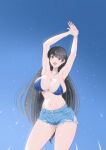  1girl absurdres arato_nagi armpits arms_up bikini bikini_under_shorts black_hair blue_bikini blue_eyes blue_sky breasts cleavage collarbone commentary_request curvy denim denim_shorts highres large_breasts long_hair looking_at_viewer navel osage_gankyou outdoors presenting_armpit ruri_no_houseki short_shorts shorts simple_background sky smile solo standing swimsuit thighs very_long_hair 