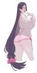  absurdres ass bangs blush boyshorts ear_blush ennuigrl fate/grand_order fate_(series) from_behind highres light_smile long_hair looking_back low-tied_long_hair minamoto_no_raikou_(fate/grand_order) parted_bangs pink_headwear pink_lips pink_shorts purple_eyes purple_hair scrunchie short_shorts shorts sweater very_long_hair white_background white_sweater 
