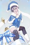  2018 black_hair black_legwear bleach blue_eyes blue_nails bow dress fur-trimmed_dress fur-trimmed_headwear fur_trim hat kuchiki_rukia long_sleeves nail_polish okihana ribbon santa_costume santa_hat scarf snowing thighhighs 