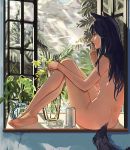  1girl animal_ears arknights ass barefoot black_hair breasts can cigarette commentary_request convenient_arm hand_up knees_up long_hair medium_breasts mouth_hold nude plant sitting smoke smoking solo tail texas_(arknights) thighs window wolf_ears wolf_tail yktori 