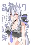  1girl ahoge anniversary bare_shoulders blush bow breasts character_name cleavage collarbone commentary crop_top grey_shirt hair_bow highres large_breasts long_hair midriff necktie open_mouth purple_neckwear red_eyes shirt sleeveless sleeveless_shirt solo ukyou upper_body vocaloid voyakiloid white_background white_hair yowane_haku 