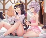  3girls :d :o ahoge alternate_eye_color animal animal_ears antenna_hair bangs bare_arms bare_legs bare_shoulders bed_sheet bell black_hair black_panties blue_eyes blush bow bread breasts brushing_another&#039;s_hair camisole cat cat_ears cat_girl cat_tail chintora0201 collarbone comb eyebrows_visible_through_hair fang flower food frilled_sleeves frills green_eyes hair_between_eyes hair_bow hair_flower hair_ornament highres holding holding_animal holding_cat indoors jingle_bell karyl_(princess_connect!) knees_up kokkoro_(princess_connect!) long_hair long_sleeves low_twintails multicolored_hair multiple_girls on_bed open_mouth orange_hair panties pecorine peeking pointy_ears princess_connect! princess_connect!_re:dive purple_bow purple_eyes shirt short_hair silver_hair sitting skin_fang sleep_mask small_breasts smile socks spoken_food streaked_hair tail twintails underwear very_long_hair wariza white_flower white_hair white_legwear white_shirt yellow_eyes yukkuri_shiteitte_ne yuuki_(princess_connect!) 