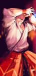  1boy blonde_hair blue_eyes fatal_fury geese_howard grin hakama hands_above_head highres japanese_clothes makinosb simple_background smile solo wristband 