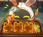  ^_^ bacon bangboo_(zenless_zone_zero) blurry blurry_background burger closed_eyes commentary_request cup eous_(zenless_zone_zero) food food_focus fruit hat holding holding_tray ice ice_cube lemon lemon_slice lettuce no_humans notice_lines run_(yukatokabe) solo sparkle tomato tomato_slice tray visor_cap zenless_zone_zero 