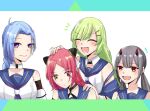  4girls :d ^_^ ahoge annoyed arms_at_sides assault_lily bare_shoulders behind_another black_choker black_horns blue_hair blue_sailor_collar blush braid braided_ponytail bright_pupils choker closed_eyes closed_mouth commentary detached_sleeves fang fujita_asagao green_eyes green_hair hair_ornament hairclip hairpods hand_on_another's_head hand_on_another's_shoulder hands_up headpat heterochromia horns igusa_subaru kawabata_hotaru letterboxed long_hair long_sleeves looking_ahead looking_at_another low_twintails lower_teeth_only mechanical_horns motion_lines multicolored_horns multiple_girls neckerchief nigari_(ngari_0115) notice_lines o-ring o-ring_choker odaiba_girls_high_school_uniform off_shoulder open_mouth parted_bangs purple_eyes purple_neckerchief red_eyes red_hair red_horns sailor_collar school_uniform serafuku shiba_tomoshibi shirt short_sleeves simple_background single_braid skin_fang sleeveless sleeveless_shirt smile sweat teeth twintails two-tone_horns upper_body v-shaped_eyebrows white_background white_pupils white_shirt 