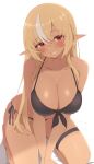  1girl between_legs bikini black_bikini blonde_hair breasts commentary_request dark-skinned_female dark_skin double-parted_bangs elf front-tie_bikini_top front-tie_top green_eyes grin hair_between_eyes hand_between_legs highres hololive kneeling large_breasts long_hair long_sidelocks looking_at_viewer multicolored_hair orange_eyes paid_reward_available pointy_ears sen_(sen42724788) shiranui_flare side-tie sidelocks simple_background smile solo streaked_hair swimsuit thigh_strap virtual_youtuber white_background 