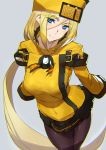  1girl ashiomi_masato black_gloves black_legwear blonde_hair blue_eyes breasts eyebrows_visible_through_hair fingerless_gloves gloves guilty_gear guilty_gear_xrd hair_between_eyes hat jacket long_hair looking_at_viewer millia_rage pantyhose simple_background solo yellow_eyes 