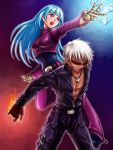  1boy 1girl bangs belt blue_hair bodysuit breasts cross cross_necklace fire gloves ice jewelry k&#039; kula_diamond long_hair medium_breasts necklace purple_eyes simple_background sunglasses the_king_of_fighters white_hair 