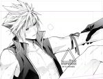  2boys arm_ribbon bare_shoulders bite_mark bite_mark_on_ass bite_mark_on_chest bite_mark_on_leg bite_mark_on_neck bite_mark_on_shoulder black_gloves black_vest blush cloud_strife final_fantasy final_fantasy_vii final_fantasy_vii_advent_children furrowed_brow gloves greyscale hair_between_eyes heavy_breathing hickey holding_another's_arm implied_yaoi male_focus monochrome multiple_boys no_pants open_clothes open_mouth open_vest out_of_frame pectorals ribbon sephiroth short_hair spiked_hair sweat twitter_username upper_body vest yunyunonigiri 
