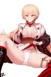  1girl bare_shoulders blonde_hair boots breasts choker cleavage cross-laced_footwear fur-trimmed_jacket fur_trim girls_frontline jacket lace-up_boots large_breasts lifted_by_self long_hair open_clothes open_shirt ots-14_(girls_frontline) panties rizono_zim skirt skirt_lift solo spread_legs striped striped_legwear thighs underwear white_background white_panties yellow_eyes 
