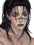  1boy absurdres aransmind black_hair blood chest_tattoo choso_(jujutsu_kaisen) ear_piercing eye_piercing eyebrow_piercing face_piercing facial_mark highres ibispaint_(medium) jujutsu_kaisen lip_piercing medium_hair nose_piercing nosebleed piercing portrait purple_eyes silver_necklace simple_background tattoo white_background 
