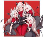  4girls :d ;q animal_ears ass bangs black_footwear black_gloves black_horns black_jacket black_legwear black_leotard black_skirt black_suit blush breasts cerberus_(helltaker) demon_girl demon_horns demon_tail devildogs dog_ears fang formal gloves grin heart heart-shaped_pupils helltaker high_heels highres horns jacket large_breasts leotard long_hair long_sleeves looking_at_viewer modeus_(helltaker) multiple_girls necktie one_eye_closed open_mouth pantyhose pencil_skirt red_eyes red_sweater short_hair simple_background skirt sleeves_past_wrists smile sweater symbol-shaped_pupils tail tongue tongue_out triplets turtleneck white_hair 