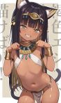  1girl ancient_egyptian ancient_egyptian_clothes animal_ears armlet bikini black_hair blonde_hair blush cat_ears cat_girl cat_tail colored_inner_hair commentary_request cowboy_shot dark-skinned_female dark_skin daysss flat_chest gold_collar green_eyes grin groin highres if_you_want_to_become_a_godly_artist_(trend) jewelry leaning_forward long_hair looking_at_viewer multicolored_hair navel original paw_pose pelvic_curtain sling_bikini_top smile solo stomach swimsuit tail teeth usekh_collar white_bikini 