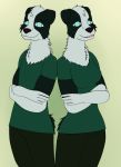  anthro back_to_back border_collie canid canine canis clothed clothing collie crossed_arms domestic_dog duo elementoleo female herding_dog looking_at_viewer male mammal pastoral_dog sheepdog sibling simple_background 