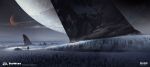 1other astronaut atmospheric_perspective ben_lo concept_art crescent crystal highres karst mass_effect_(series) mini_person multiple_moons painterly plain planet scenery standing 