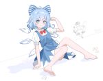  2girls absurdres ahoge arm_support bare_legs barefoot blue_bow blue_dress blue_eyes blue_hair blush bow bowtie cirno closed_mouth commentary_request dress flat_chest full_body hair_between_eyes hair_bow hat heart heart_of_string highres knees_together_feet_apart komeiji_koishi looking_at_viewer multiple_girls notice_lines pinafore_dress puffy_short_sleeves puffy_sleeves red_bow red_bowtie shadow short_hair short_sleeves signature simple_background sitting sleeveless sleeveless_dress solo_focus striped_bow tearing_up third_eye toes touhou white_background wing_collar wrainman 
