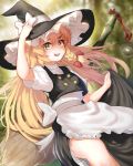  1girl 1nfb apron blonde_hair bow braid broom hair_bow hat kirisame_marisa long_hair looking_at_viewer mini-hakkero open_mouth short_sleeves single_braid smile solo touhou waist_apron witch_hat yellow_eyes 