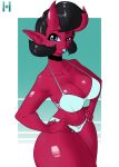  absurd_res big_breasts black_hair blep bra breasts cleavage clothed clothing demon demon_humanoid ear_piercing ear_ring female hair hand_on_hip hi_res horn horned_humanoid humanoid humanoid_pointy_ears jolo not_furry panties piercing red_body red_skin solo tongue tongue_out underwear wide_hips 