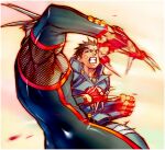  2boys black_bodysuit black_hair blonde_hair blood blood_drop bodysuit claws clenched_hand clenched_teeth detached_sleeves duel edaki_shin&#039;ya fingerless_gloves from_behind from_below gakuran game_cg gloves high_collar highres ichimonji_batsu justice_gakuen kirishima_kurow looking_at_another male_focus mesh moero!_justice_gakuen multiple_boys muscular muscular_male non-web_source official_art red_gloves scar scar_on_face scar_on_forehead school_uniform short_hair sleeveless teeth 