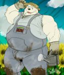  2020 anthro clothing deadanthro fur hat headgear headwear humanoid_hands male mammal outside overalls overweight overweight_male shirt solo straw_hat topwear ursid white_body white_fur 