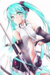  1girl akino_coto aqua_eyes aqua_hair bangs bridal_gauntlets center_opening closed_mouth elbow_gloves eyebrows_visible_through_hair gloves hatsune_miku hatsune_miku_(append) holding holding_staff long_hair navel necktie solo staff twintails very_long_hair vocaloid vocaloid_append 