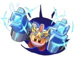  aiming aiming_at_viewer arm_cannon armor assault_visor aura blue_eyes blush_stickers commentary copy_ability dual_arm_cannons energy frown full_body helmet kirby kirby's_return_to_dream_land_deluxe kirby_(series) looking_at_viewer mecha_kirby no_humans powering_up poyo_party serious solo star_(symbol) weapon white_background 