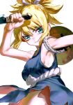  1girl 333takoyaki absurdres blonde_hair blue_dress blue_eyes choker dr._stone dress fundoshi highres holding holding_knife japanese_clothes knife kohaku_(dr._stone) ponytail rope rope_belt sleeveless sleeveless_dress spiked_hair split_ponytail tall_hair white_choker 