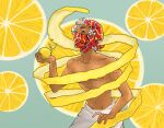  1other absurdres black_eyes blue_background collarbone colored_eyelashes covered_mouth curly_hair dark_skin dream_smp dropsbyponk food food_print fruit fruit_print groin_tendon hand_up highres holding holding_food holding_fruit leaf lemon lemon_peel lemon_print lemon_slice looking_at_food minecraft_youtube navel nipples short_hair skirt standing thegeevy toned topless_other triadic_colors upper_body white_eyelashes white_hair white_skirt yellow_background 