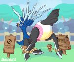  2016 bodily_fluids bound diaper fence feral furgonomics genital_fluids grass legendary_pok&eacute;mon legs_tied looking_back nintendo outside pok&eacute;mon pok&eacute;mon_(species) post shambles sign tree urine video_games wet_diaper wetting xerneas 