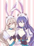  2girls animal_ears blue_eyes blue_hair breasts bunny_ears cleavage closed_mouth corrin_(fire_emblem) corrin_(fire_emblem)_(female) cosplay fake_animal_ears fire_emblem fire_emblem_awakening fire_emblem_fates fire_emblem_heroes gloves highres long_hair lucina_(fire_emblem) lucina_(fire_emblem)_(cosplay) multiple_girls red_eyes roroichi simple_background smile upper_body white_gloves white_hair 