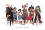  2boys 4girls absurdres alisus_art armor black_armor black_hair blue_hair cai_(fire_emblem) copyright_name dark-skinned_female dark-skinned_male dark_skin dietrich_(fire_emblem) fire_emblem fire_emblem:_fortune's_weave full_body glasses green_eyes green_hair grey_hair height_difference highres holding holding_polearm holding_sword holding_weapon leda_(fire_emblem) long_hair looking_at_viewer low_twintails midriff multiple_boys multiple_girls navel pale_skin pointy_ears polearm simple_background smile sothis_(adult)_(fire_emblem) sothis_(fire_emblem) spear stomach sword theodora_(fire_emblem) twintails weapon white_background 