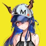  1girl arknights bangs bare_shoulders baseball_cap blue_hair blush ch&#039;en_(arknights) collarbone commentary dragon_horns hair_between_eyes halterneck hat head_tilt heart highres horns horns_through_headwear kakeru_(kakeru) long_hair looking_at_viewer red_eyes simple_background smile solo upper_body yellow_background 