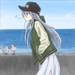  1girl adapted_costume baseball_cap bird blue_eyes day earphones flint_(girls_und_panzer) girls_und_panzer hands_in_pockets hat jacket long_hair looking_to_the_side musical_note mutsu_(layergreen) ocean outdoors silver_hair 