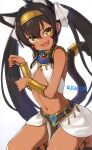  1girl alternate_skin_color ancient_egyptian_clothes animal_ear_fluff animal_ears black_hair blue_gemstone bracelet cat_ears cat_girl cat_tail commentary_request dark-skinned_female dark_skin fang flat_chest gem gold_bracelet gold_hairband hairband highres idolmaster idolmaster_cinderella_girls if_you_want_to_become_a_godly_artist_(trend) jewelry kneeling lc_butter long_hair looking_at_viewer matoba_risa navel open_mouth pelvic_curtain red_gemstone revealing_clothes simple_background skin_fang sling_bikini_top solo tail twintails twitter_username usekh_collar white_background white_loincloth yellow_eyes 