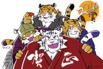  2010 anthro blush clothing eyes_closed felid fur group hat headgear headwear hug kemono male mammal mind_drive mizuse_higomaru overweight overweight_male pantherine robe simple_background tiger white_background white_body white_fur 