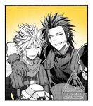  2boys arm_around_shoulder armor blush border closed_eyes cloud_strife crisis_core_final_fantasy_vii cross_scar final_fantasy final_fantasy_vii gloves grin hair_between_eyes hair_slicked_back helmet holding holding_unworn_helmet lowres male_focus medium_hair monochrome multiple_boys open_mouth parted_lips pauldrons scar scar_on_cheek scar_on_face scarf shinra_infantry_uniform short_hair shoulder_armor sideburns sleeveless sleeveless_turtleneck smile spiked_hair suspenders turtleneck twitter_username unworn_headwear unworn_helmet white_border yellow_background yunyunonigiri zack_fair 