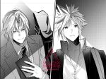  2boys black_jacket black_necktie book cloud_strife cloud_strife_(midgard_seventh_high_school) collared_shirt delinquent final_fantasy final_fantasy_vii final_fantasy_vii_ever_crisis gakuran greyscale hair_between_eyes holding holding_book jacket looking_at_another male_focus monochrome multiple_boys necktie official_alternate_costume parted_bangs parted_lips school_uniform screentones sephiroth sephiroth_(ever_crisis) sephiroth_(shinra_private_academy) shirt shirt_under_sweater short_hair slit_pupils smile spiked_hair suit_jacket sweater upper_body weapon_case white_shirt yunyunonigiri 